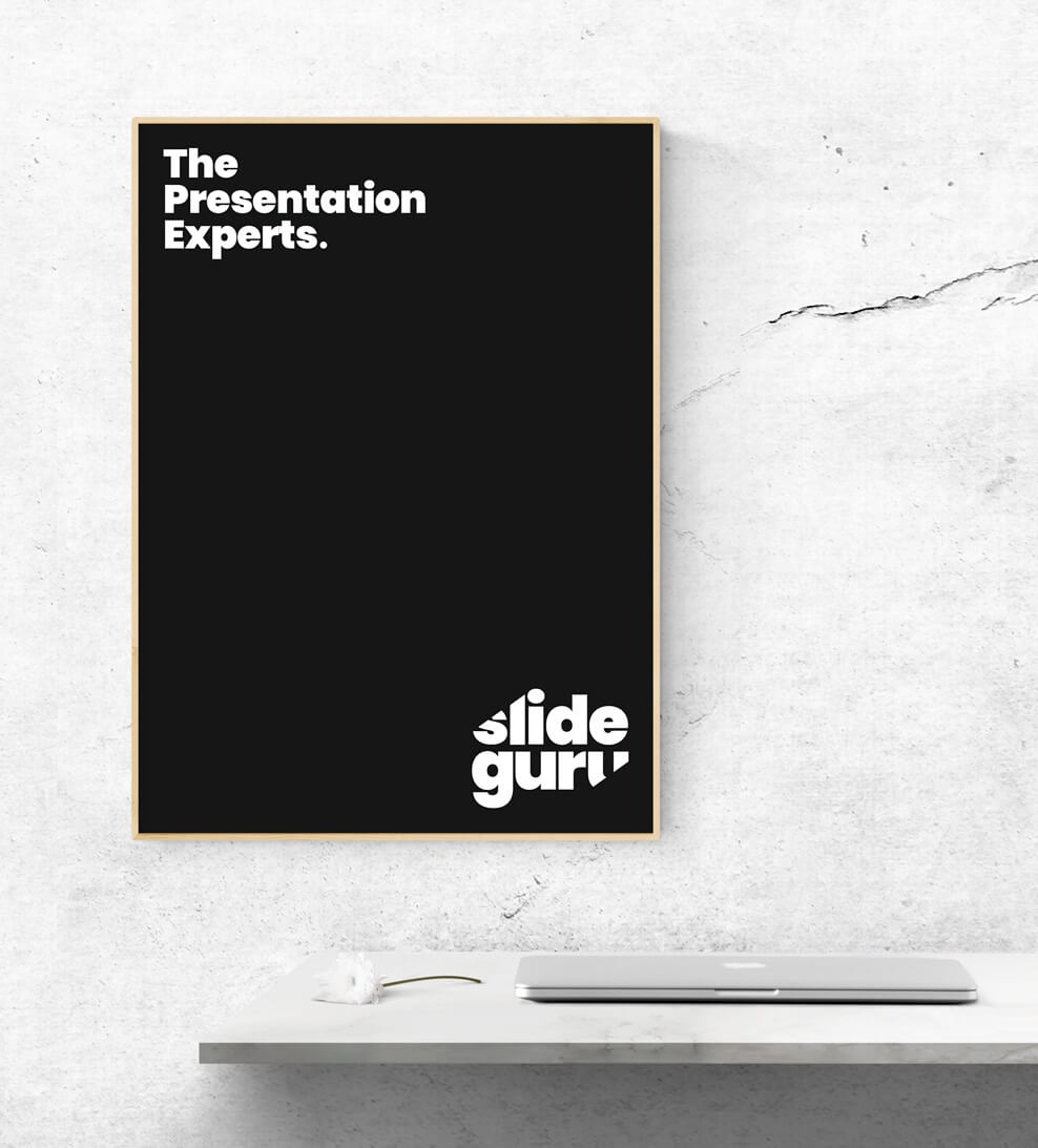 Schwarzes Poster mit weißem slideguru Logo an einer Wand. Zusätzlich der Slogan "The Presentation Experts"