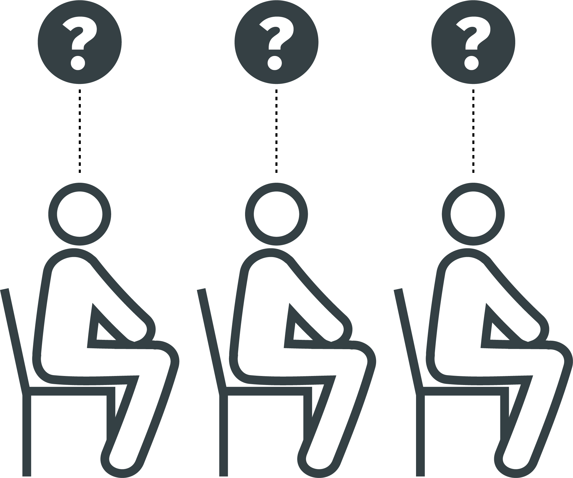 Die Icon-Illustration zeigt das Publikum einer Präsentation mit Fragezeichen über ihren Köpfen.