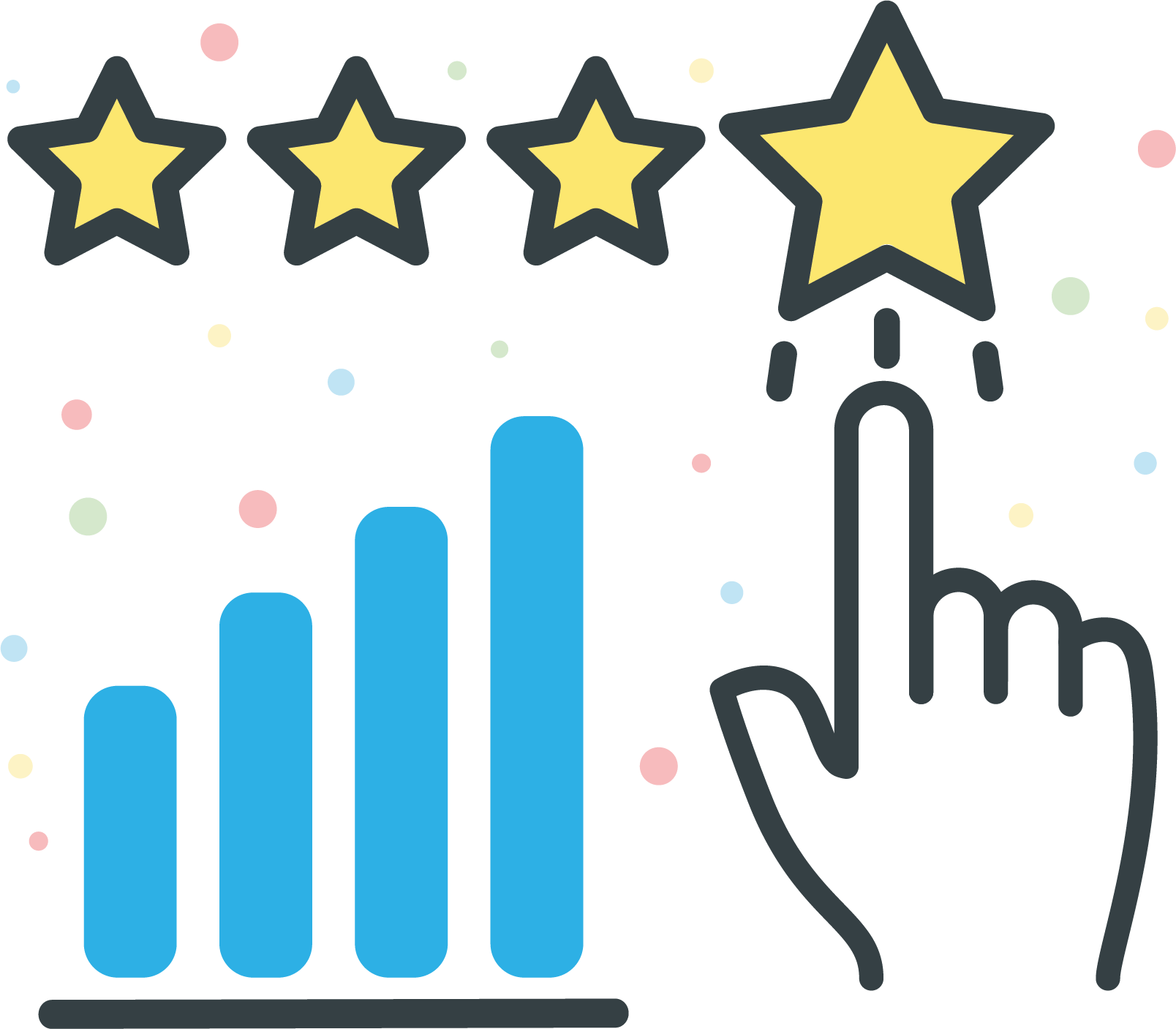 Die Icon-Illustration zeigt eine Kombination aus Sternen und einem Balkendiagramm. Präsentationen von slideguru begeistern und rücken den Präsentator und Unternehmen in ein positives Licht.